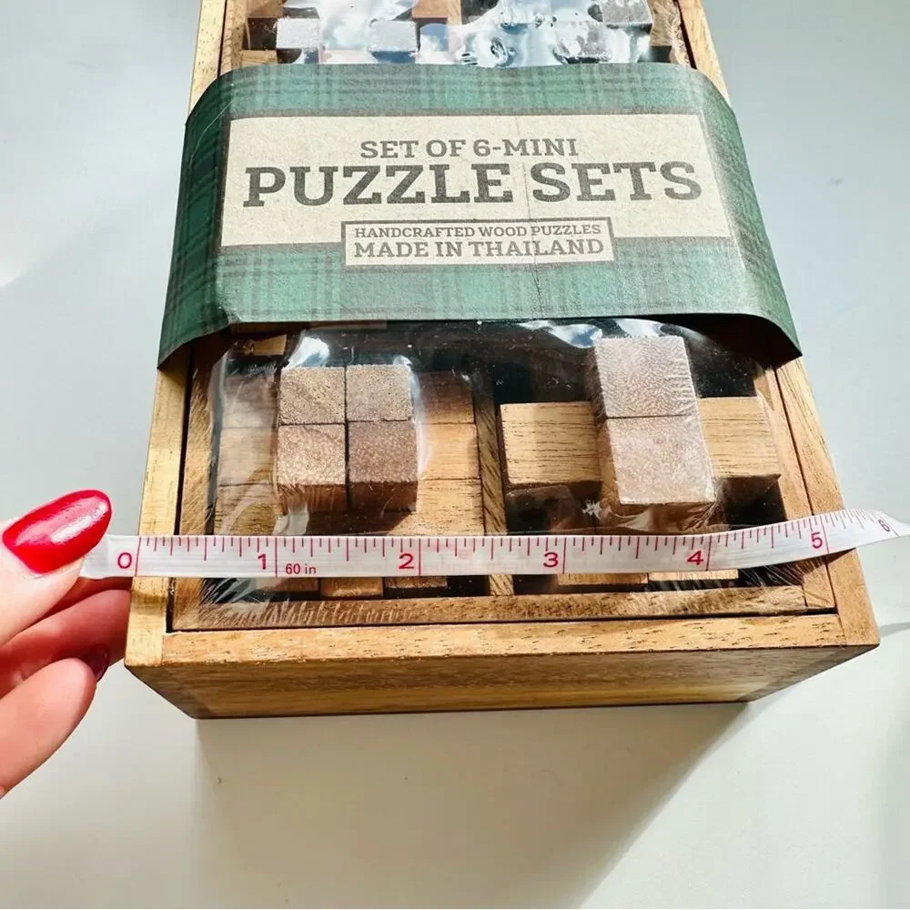 NEW WEST ELM Brown Tan Handcrafted Hand Wood Wooden Mini Puzzle Box Gift Set 6